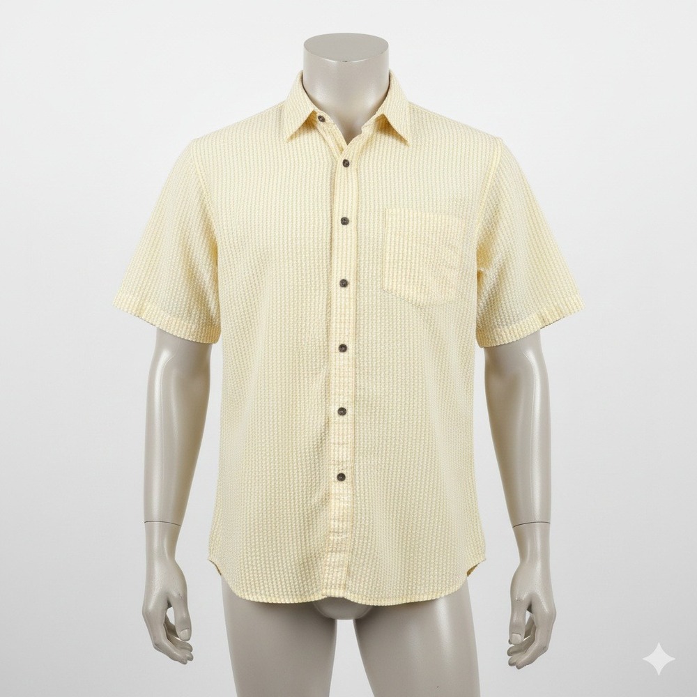 Haband Men's 2XL Seersucker‎ Shirt Yellow White Striped Short Sleeve Button Up